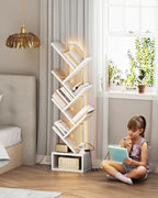 Casaottima White Tree Bookshelf with LED Light Strip — 6-Tier Small Floor Standing Bookcase, Narrow Steel & Wood Book Organizer Shelf with Cabinet, Home Decor for Living Room/Bedroom/Home Office