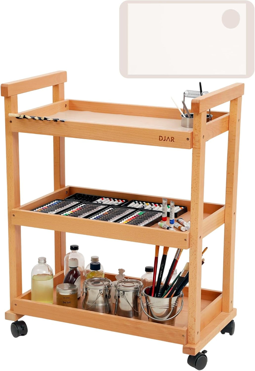 DJAR Rolling Art Supplies Cart, Solid Beech Wood Art Supply Organizert with Caster Wheels, Utility Cart for Adults, Artists, (Natural, Upgrade)