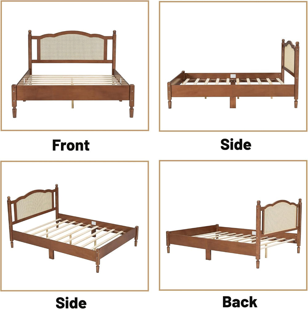 Full Size Wood Bed Frame with Rattan Headboard, Solid Wood Platform Bed Frame...