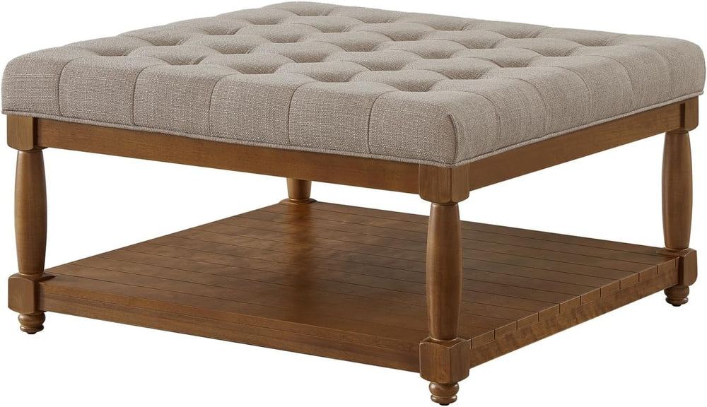 Large Square Upholstered Tufted Linen Ottoman Coffee Table, Large Footrest Ot...