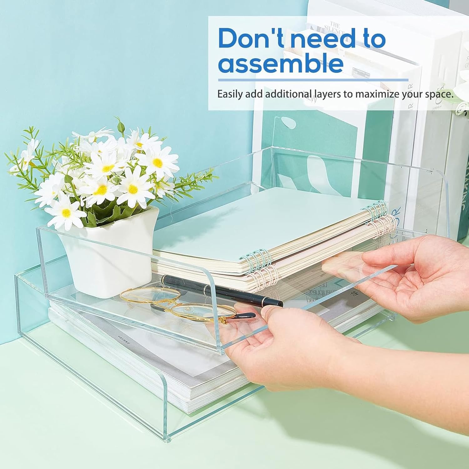 Harloon 4 Tier Acrylic Paper Tray Paper Organizer for Desk Clear File Organizer 12. 4 x 8. 7 x 2. 7 Inches File Tray for Office Workspace Desktop Storage, No Need to Assemble (Transparent)