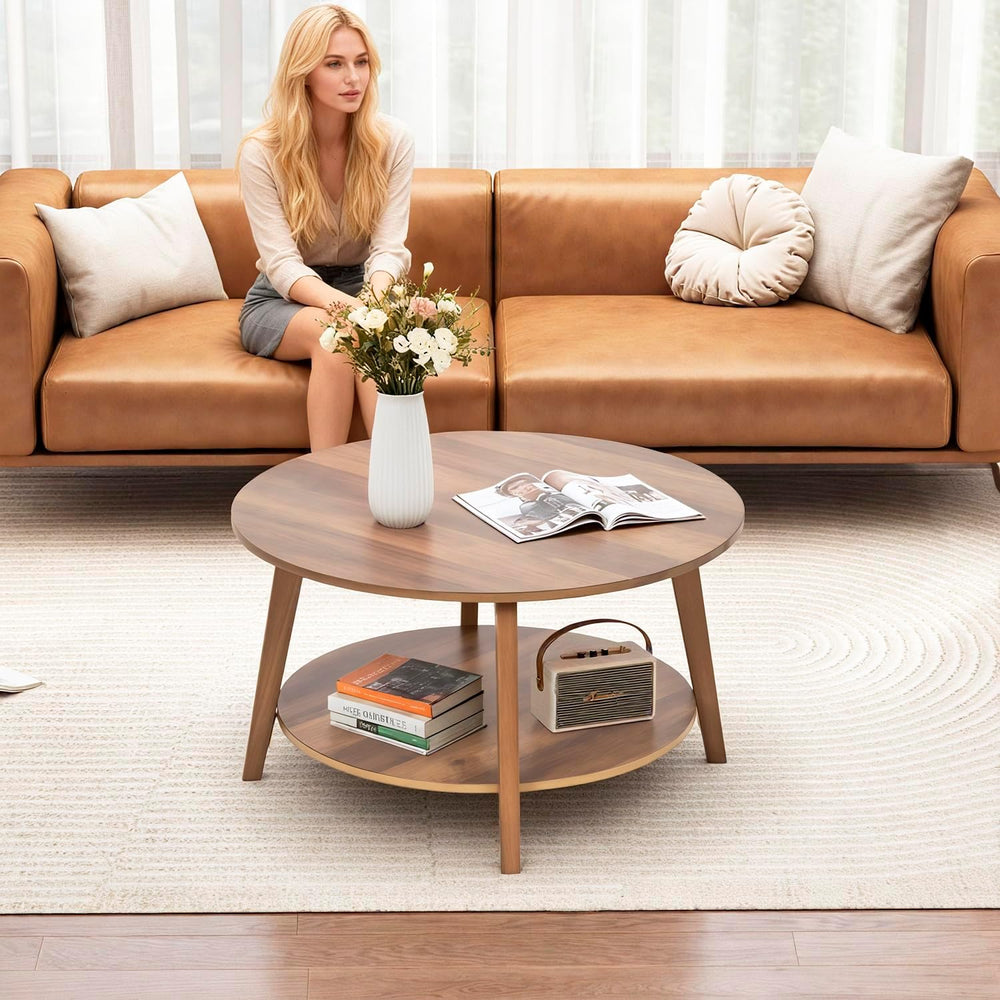 FDW Round Coffee Table 2-Tier Modern Wood Center Table with Storage for Livin...