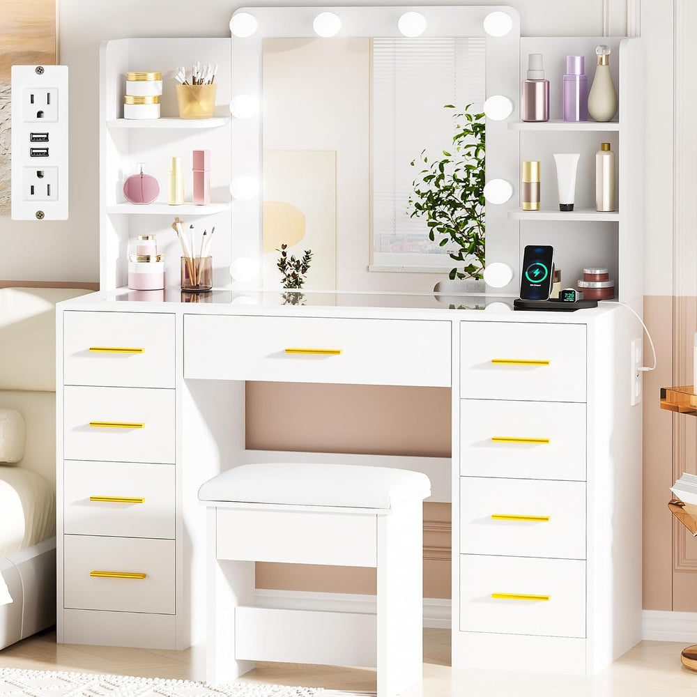 BEWISHOME Large Vanity Desk with Mirror and Lights,Glass Top,9 Drawers | Whit...