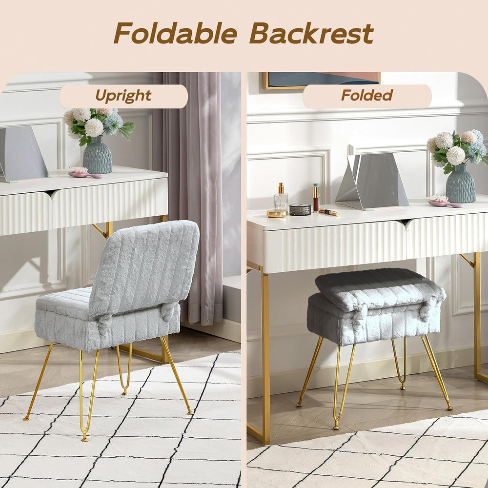 Vanity Chair with Storage | Comfy Ottoman with Folding Back