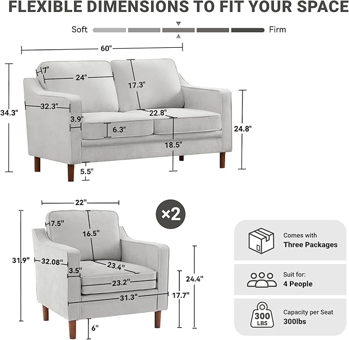 Kingfun Living Room Furniture Sets, 2 Armchair and Loveseat, Mid Century Modern Sofa Set, Chenille Couch with Solid Wood Frame for Living Room & Bedroom, Silver Gray