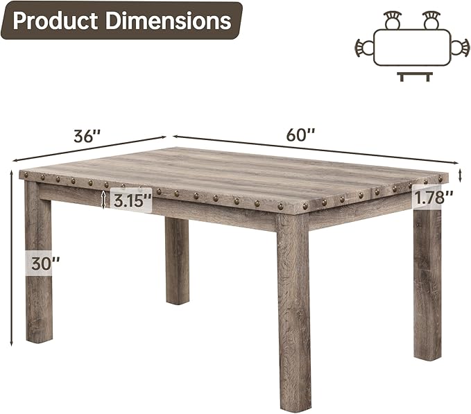 Morden Fort Farmhouse Rectangular Wooden Dining Table, Rustic 60" Kitchen & Dining Room Table with Woodgrain Tabletop, Rivet Accents & Solid Wood Legs