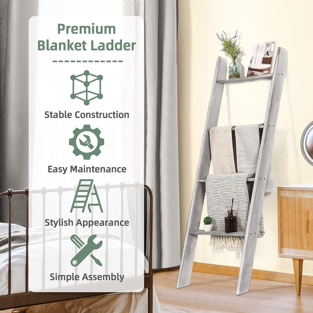 Tangkula 4-Tier Wooden Blanket Ladder, 4.5 ft Farmhouse Storage Rack, Wall Leaning Ladder Shelf Stand, Decorative Blanket Shelf for Living Room, Bathroom & Bedroom (Grey)