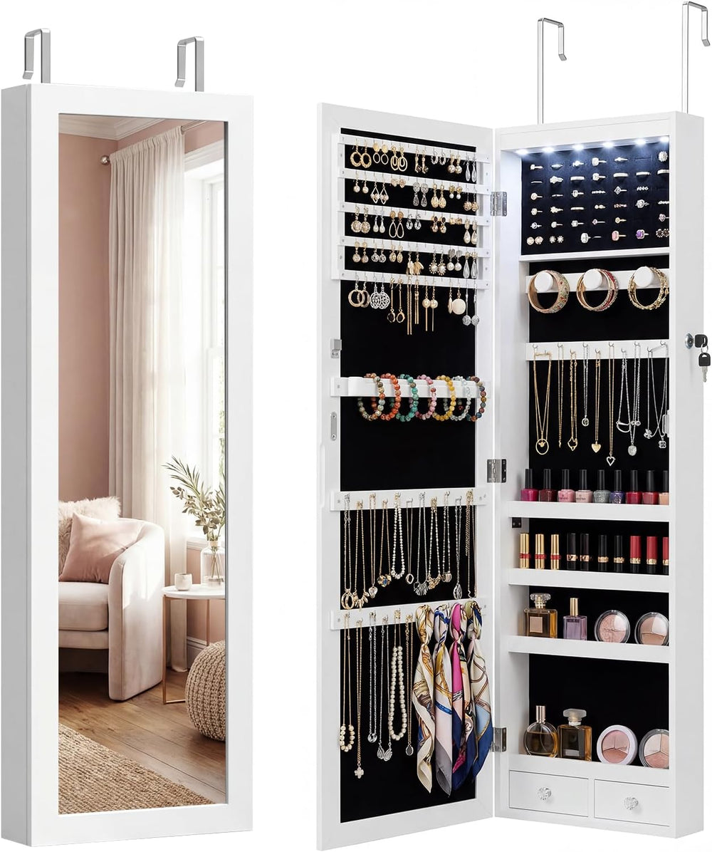 Antok 6 LEDs Jewelry Cabinet with Lock, 50" Full Length Mirror Wall Moun...