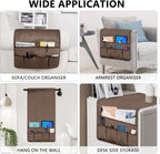 TV Remote Control Holder Couch Caddy, Non-slip Bedside Caddy Organizer with 5 Pockets for Key Glasses Phone Magazine Holders (Brown, 35''x18'')
