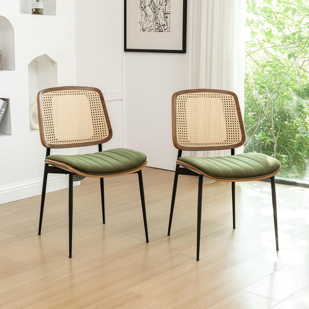 Rattan Dining Room Chairs Set of 2, Mid Century Modern Kitchen Chairs,Green V...