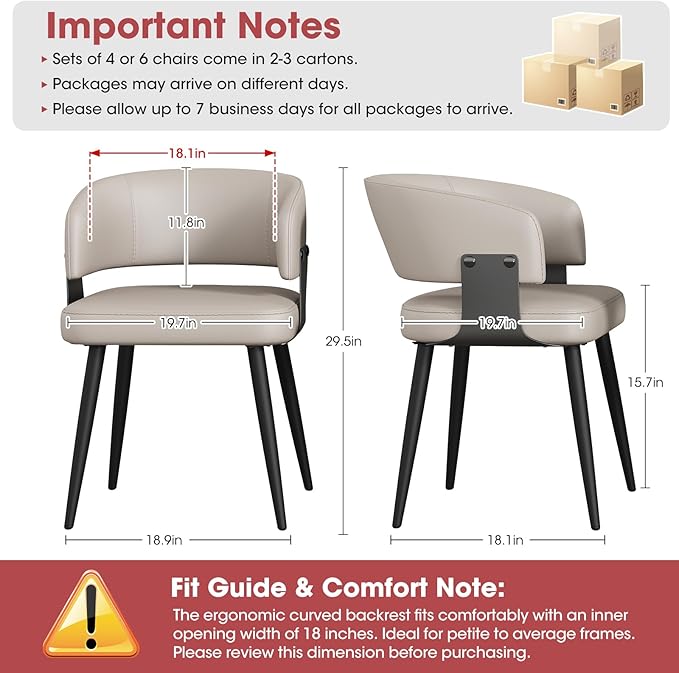 Modern Dining Chairs Set of 4, Upholstered Faux Leather Kitchen Side Chairs with Curved Open Back, Easy Assembly for Dining Room, Restaurant, Cafe, Warm Gray