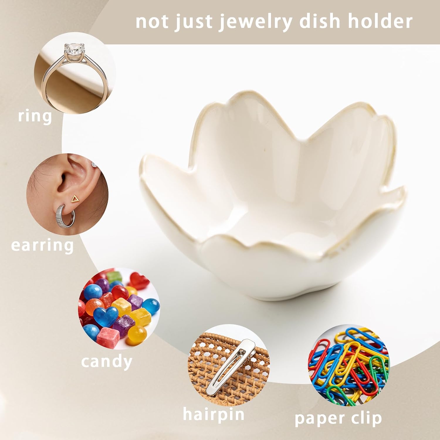 Mecaikru Ceramic Jewelry Tray, 3.5 in Flower Ring Dish with Gift Box & Card | Petal-shaped bowl keeps rings, earrings and small necklaces visible while helping prevent slipping.
