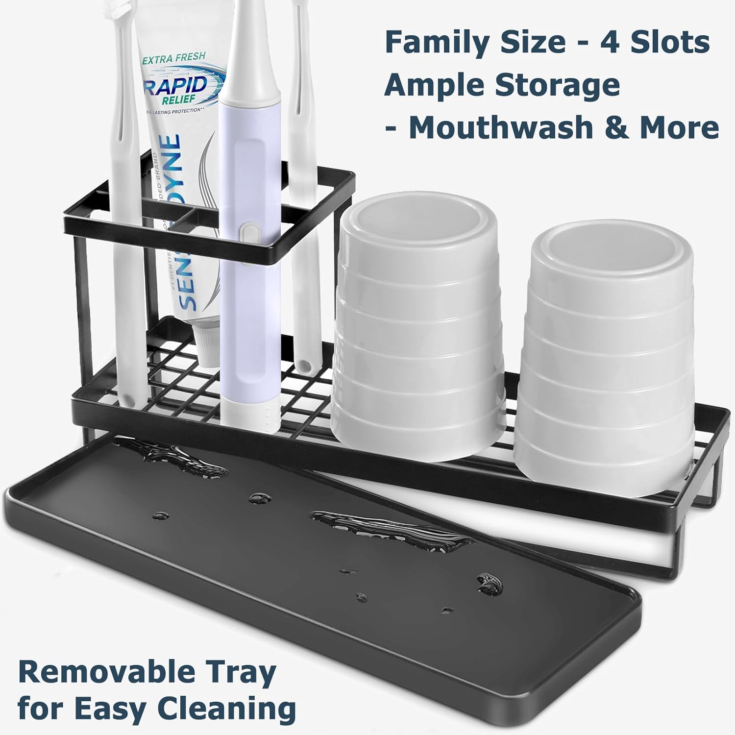 MYITYARD Toothbrush Holders for Bathrooms, 4 Slots Rustproof Metal Tooth Brushing Organizer with Drainage, Electric Tooth Brush Toothpaste Holder for Bathroom Countertop, Black