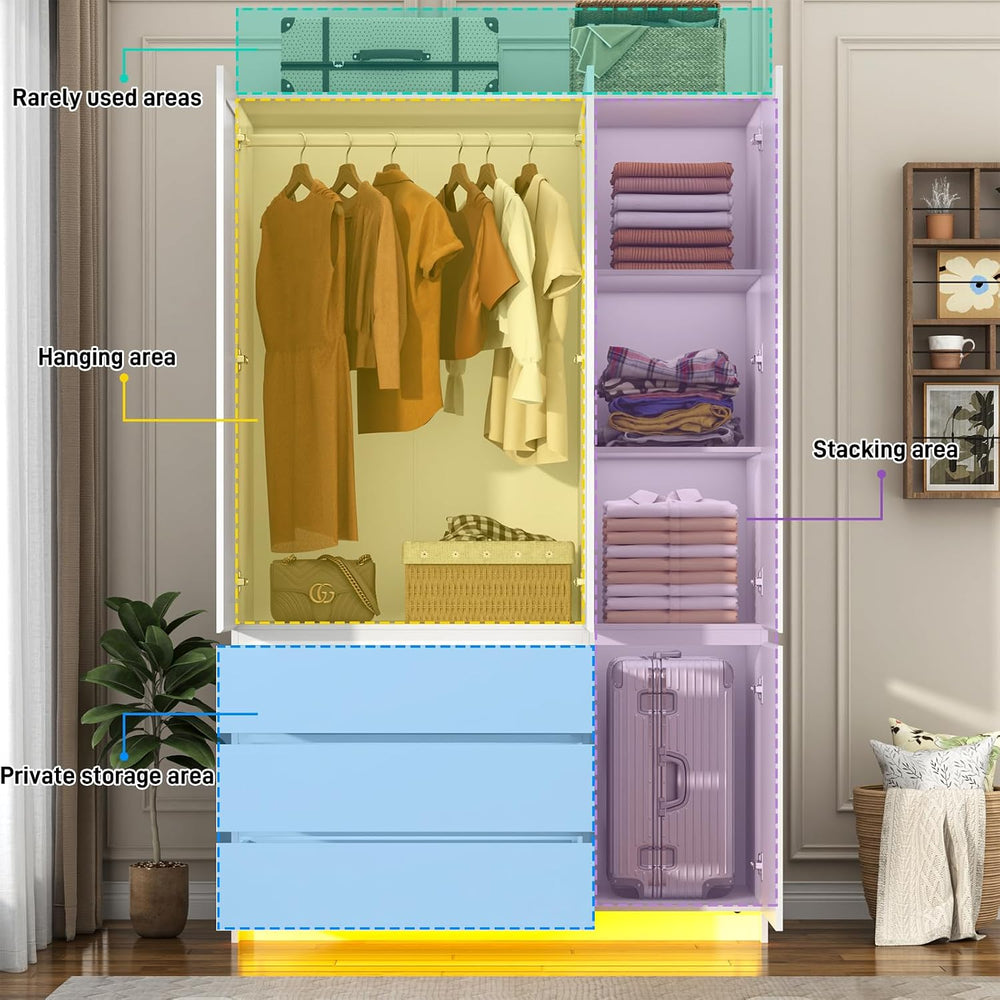 75"H Tall Modern 3 Doors Wooden Armoire Wardrobe Closet with 3 Drawers &...