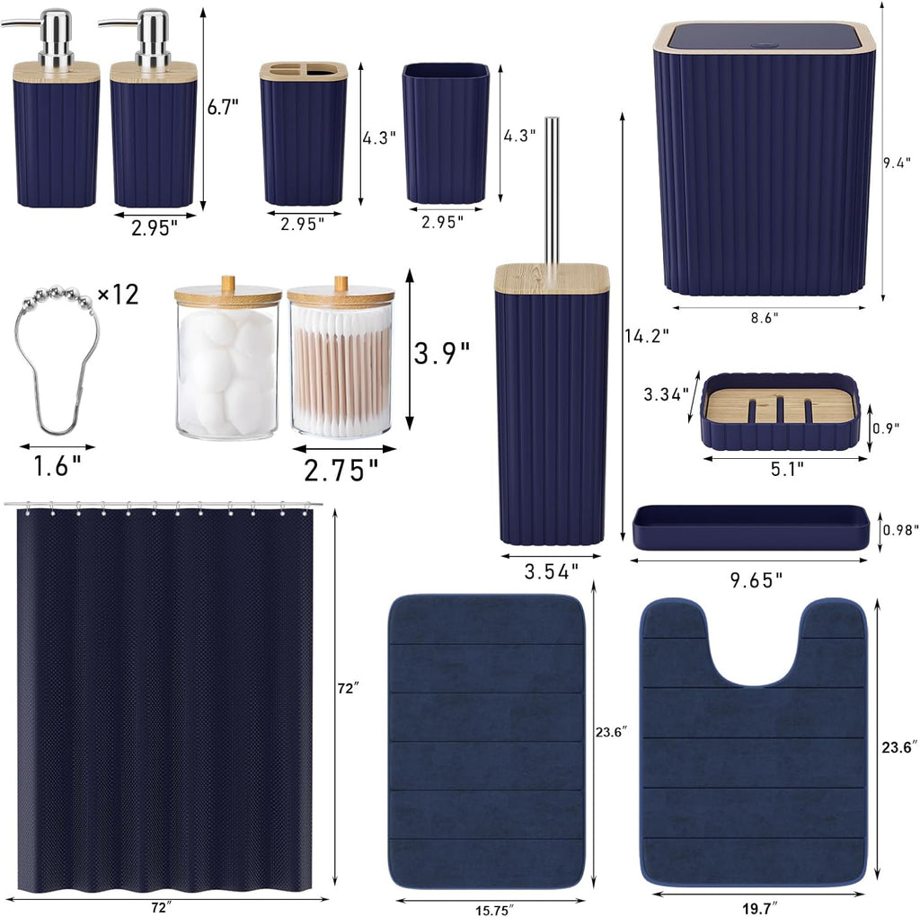 Bathroom Set - 25PC Blue Bathroom Set with Shower Curtain and Rugs, Bathroom Accessories Set, Blue Shower Curtain Set with Bathroom Trash Can