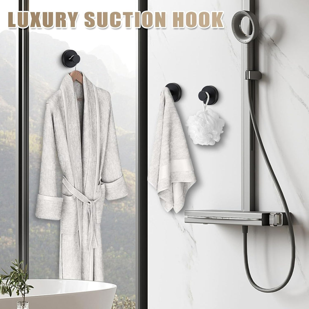 Suction Cup Hooks for Shower No-Drill Bathroom Hooks for Towels, Robes, Loofah Mountable on Bathroom Walls, Kitchen, Glass, Mirrors, Tile and Smooth,Non-Porous Surfaces (2, Matte Black)