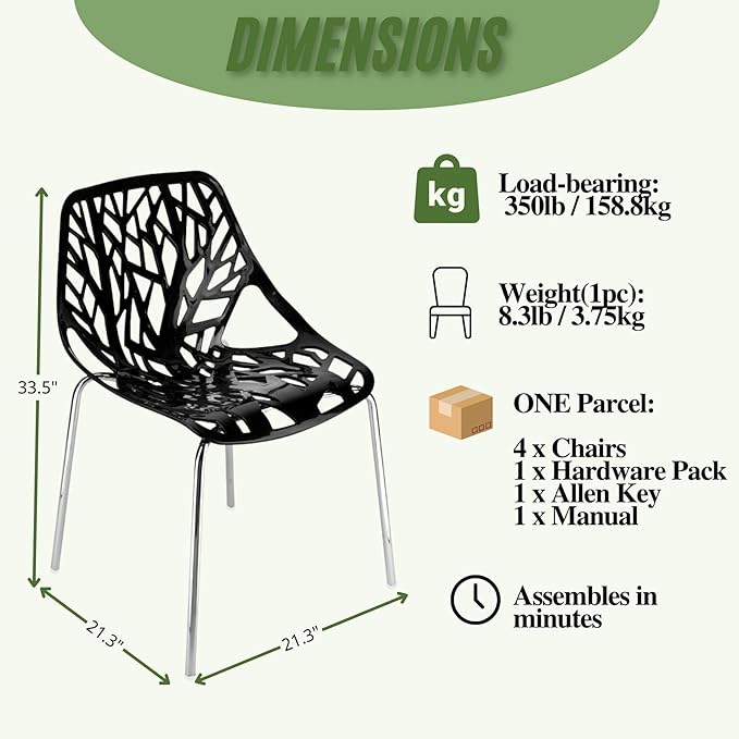 Karl home Modern Black Dining Chairs Set of 4, Stackable Plastic Chair for Dining Room, Living Room, Waiting Room,4 Chrome Metal Legs, 350lbs Capacity,21.3”L x 21.3”W x 33.5" H