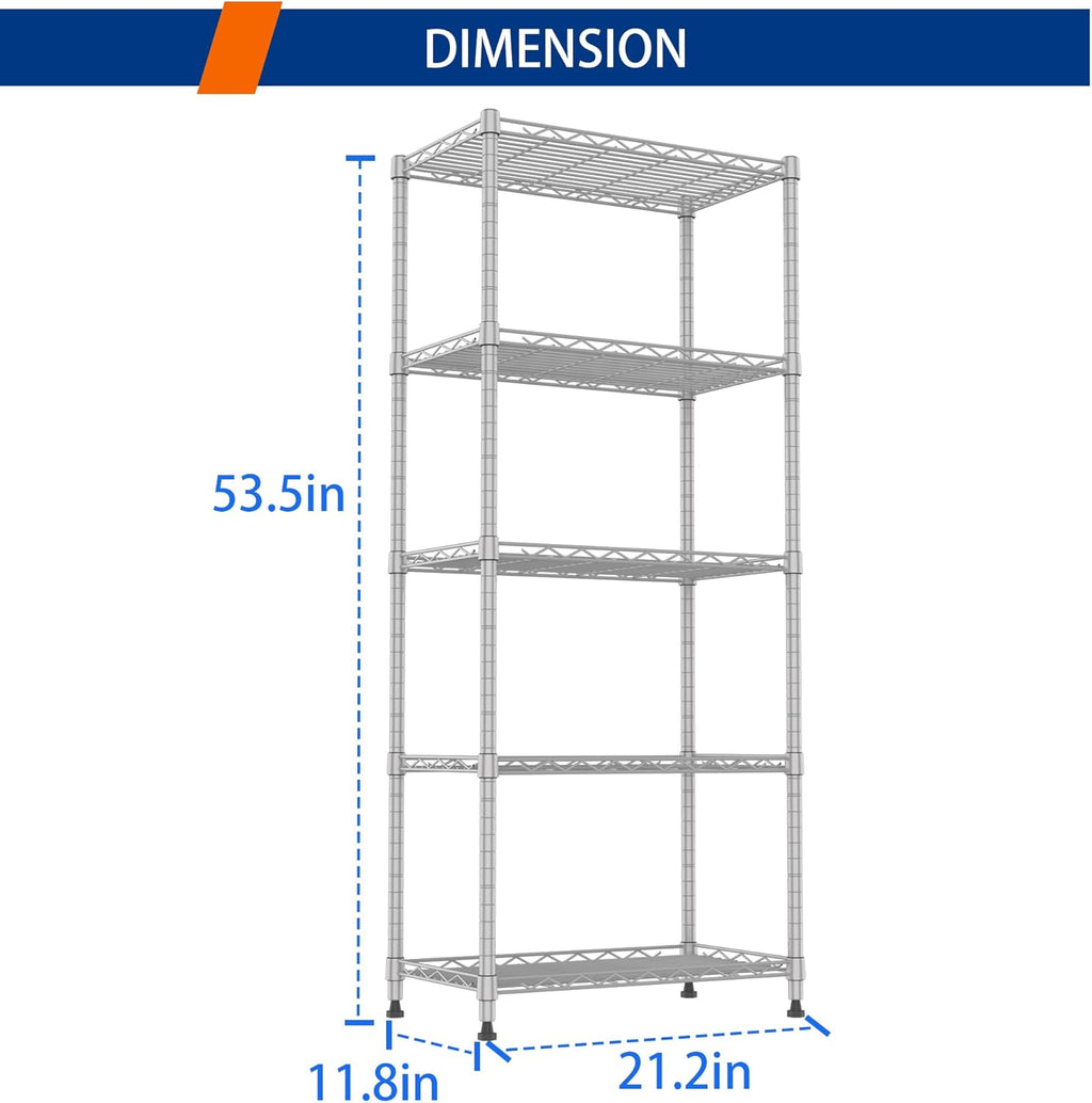 REGILLER 5-Wire Shelving Metal Storage Rack Adjustable Shelves,Standing Storage Shelf Units for Laundry Bathroom Kitchen Pantry Closet(Silver,11.8" D x 21.2" W x 53.5" H)