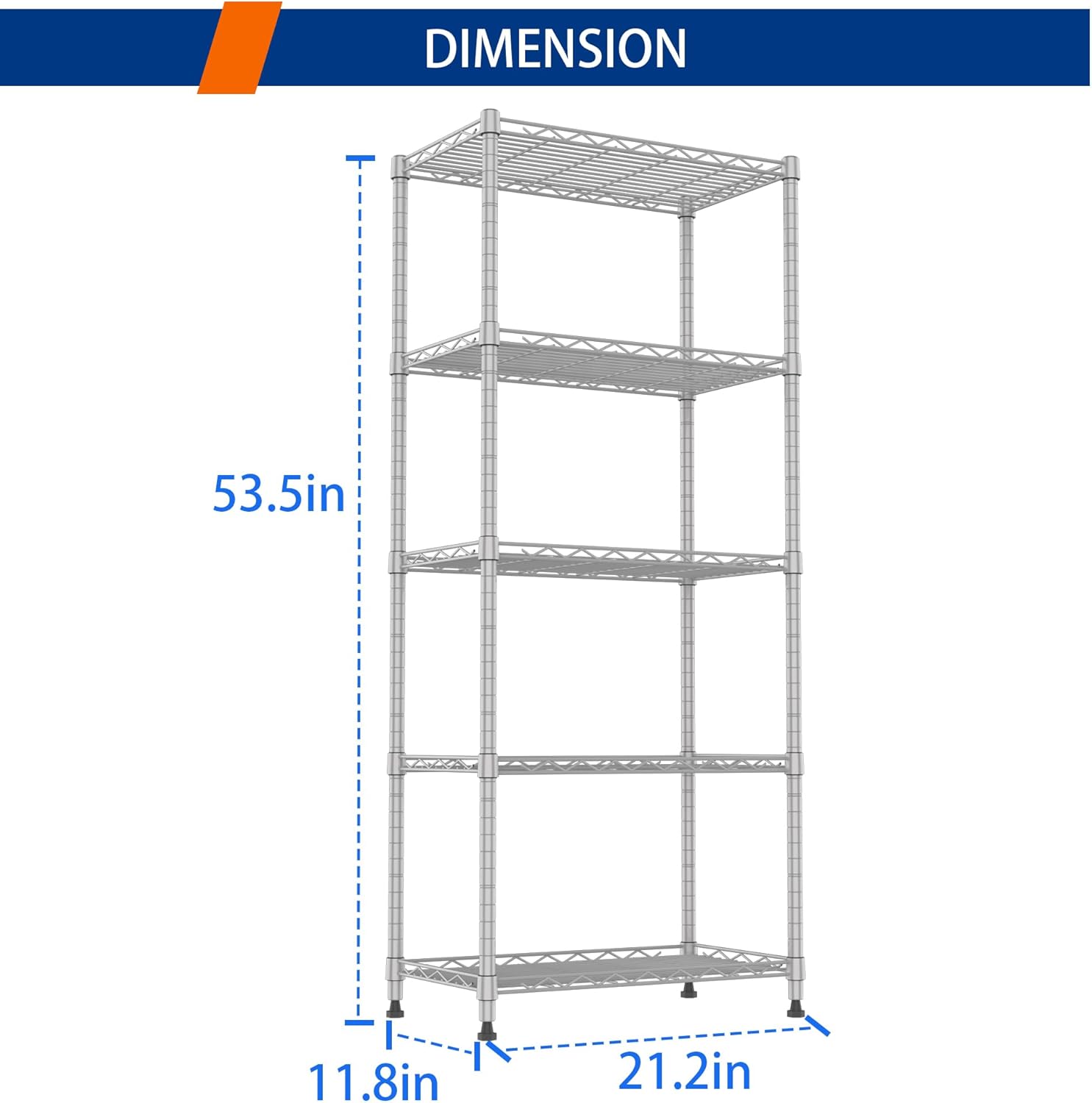 REGILLER 5-Wire Shelving Metal Storage Rack Adjustable Shelves,Standing Storage Shelf Units for Laundry Bathroom Kitchen Pantry Closet(Silver,11.8" D x 21.2" W x 53.5" H)
