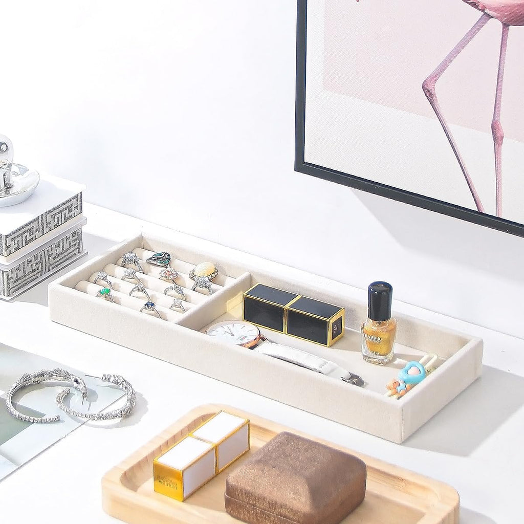 2Pcs Desk Drawer Storage Tray, Nightstand Organizer, Necklace Bracelet Ring Earring Jewelry Display, Grid Table Organizer Holder for Sunglass, Phone, Watch, Perfume (2 grid)/Beige