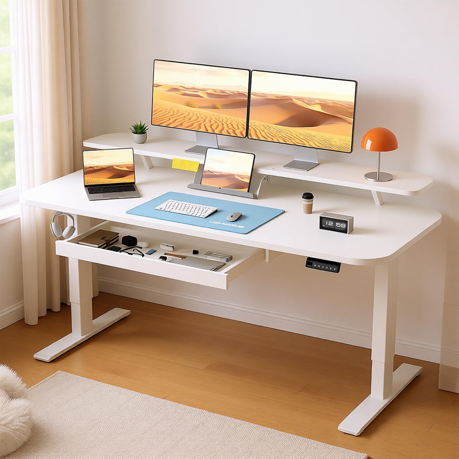 COMHOMA Electric Standing Desk with Drawers, 55 x 24 Inch Sit Stand up Desk with Monitor Stand, Laptop Stand, Height Adjustable Ergonomic Home Office Computer Desks with Memory Preset Controller