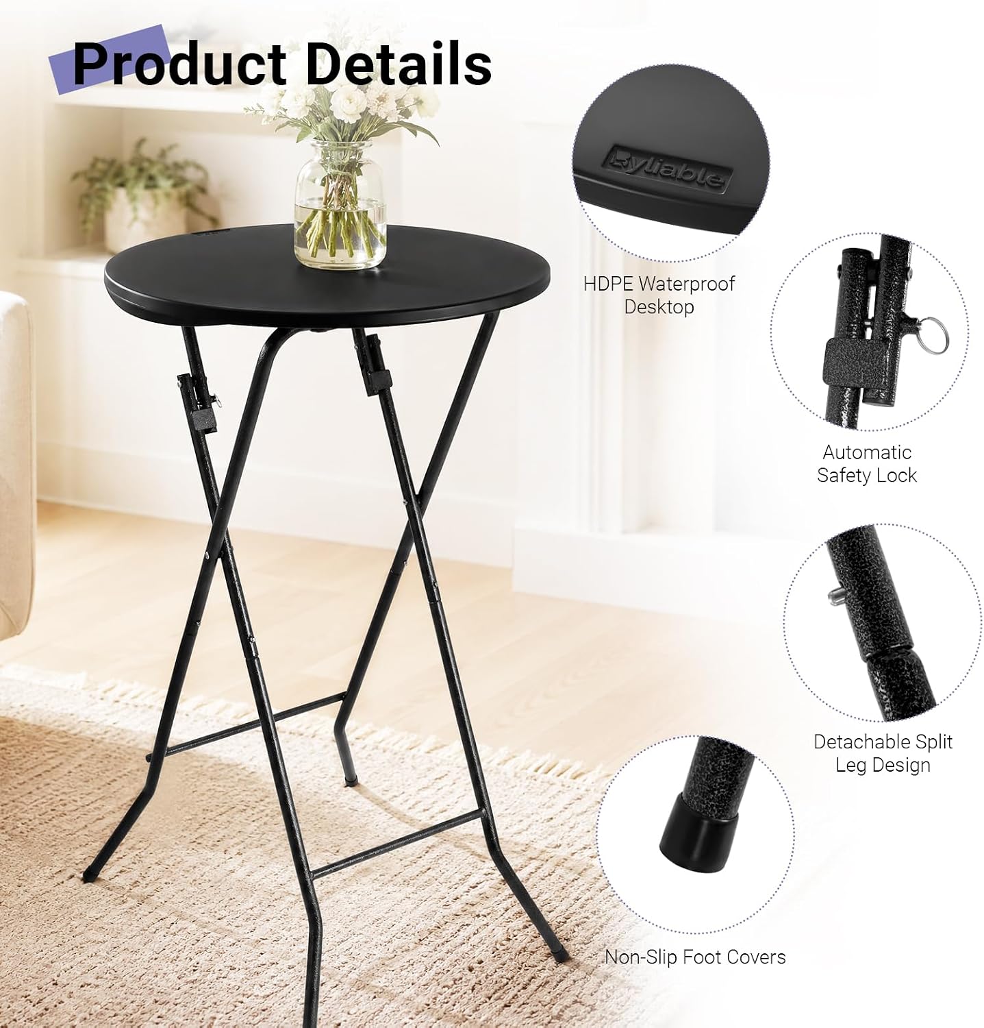 Byliable 24in Round Folding Cocktail Table, Plastic Bar Height Table, Black | Portable Foldable Design with Removable Legs, Two Folding Methods, HDPE Tabletop, Indoor Outdoor for Parties, Patio, Events
