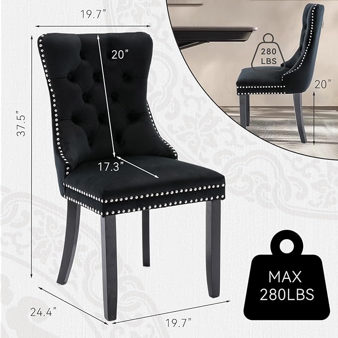 Velvet Upholstered Dining Chairs Set of 2, Modern Style Kitchen Side Chairs with Nailhead Trim and Wood Legs,Metal Pulling Ring for Dining Room Living Room(Black,Set of 2)