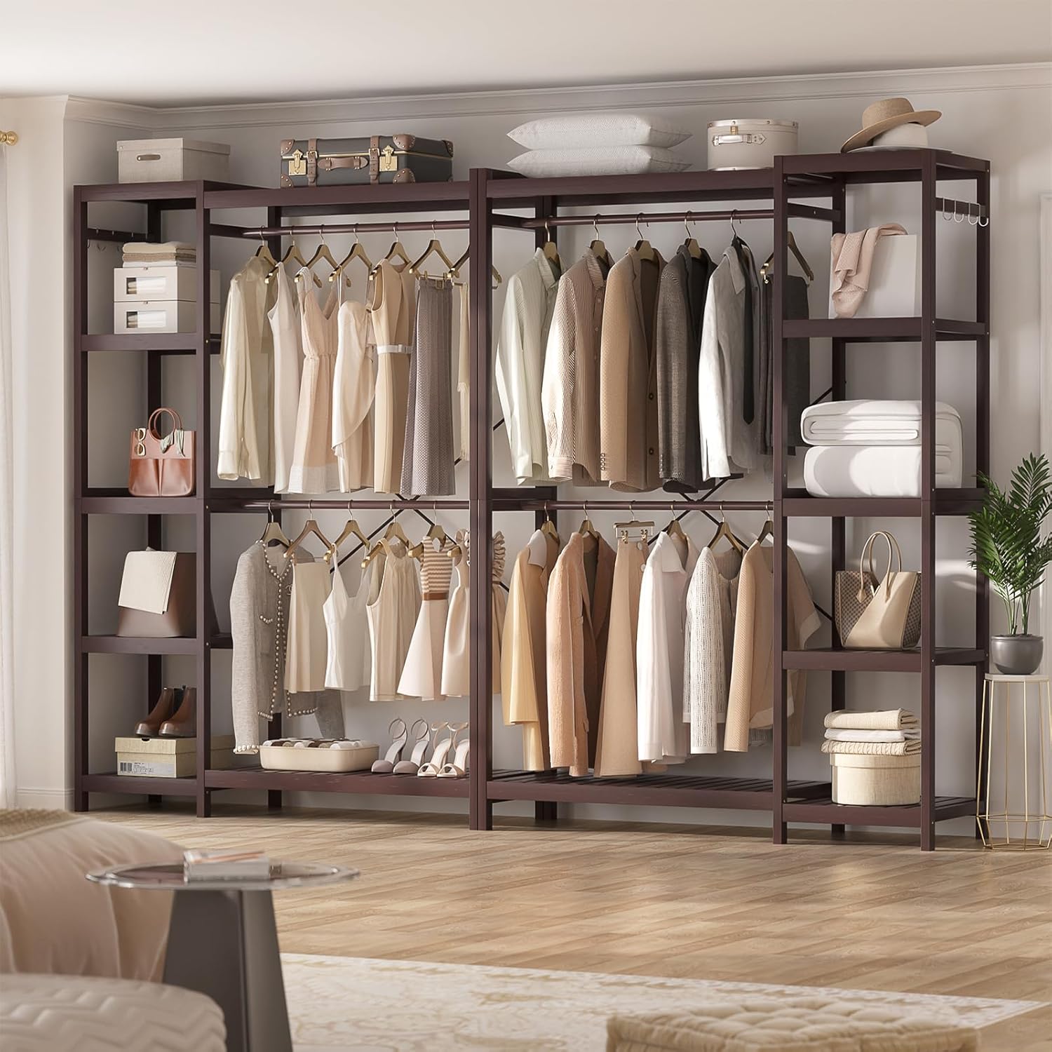 Homykic Bamboo Clothes Rack Garment Rack for Hanging Clothes, Heavy Duty Clothing Rack with 7 Tiers Adjustable Shelves, Double Rods, 4 Hooks, Freestanding Closet System Organizer Wardrobe, Espresso