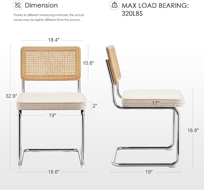 Zesthouse Natural Rattan Dining Chairs Set of 4, Mid Century Modern Dining Chairs with Solid Wood Back & Chrome Base, for Kitchen Living Room, Breuer Design Inspired, Upholstered Linen Fabric, Beige