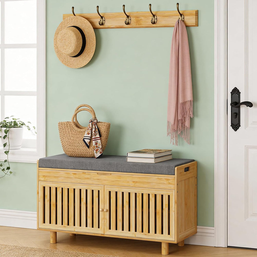 Shoe Storage Bench Coat Rack Set, 35.4" Bamboo Hall Tree Entryway Bench