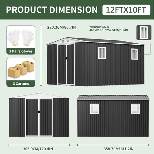 12FT x 10FT Outdoor Storage, Metal Anti-Corrosion Utility Tool House with Lockable Door & Shutter Vents，Outdoor Waterproof Garden Tool Storage Sheds
