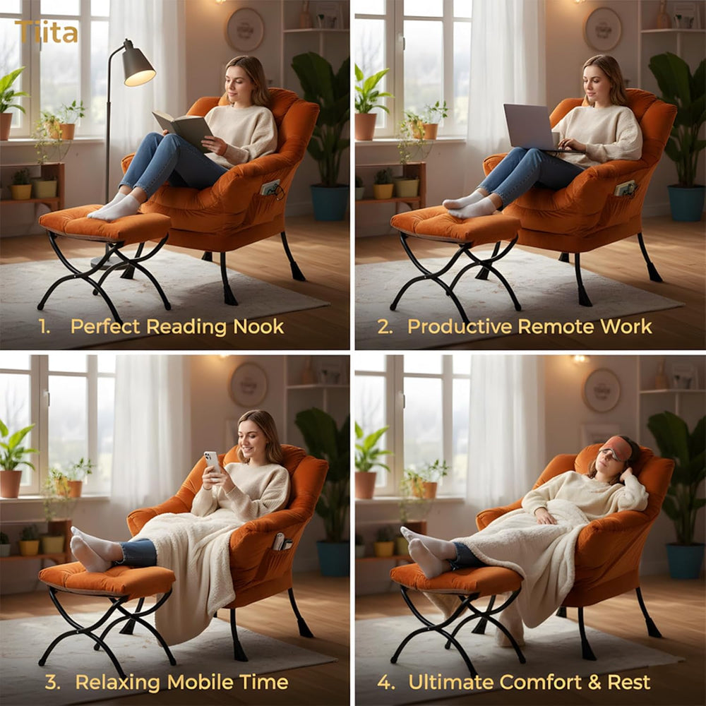 Tiita Lazy Chair with Ottoman, Comfy Reading Accent Chair, Velvet Orange