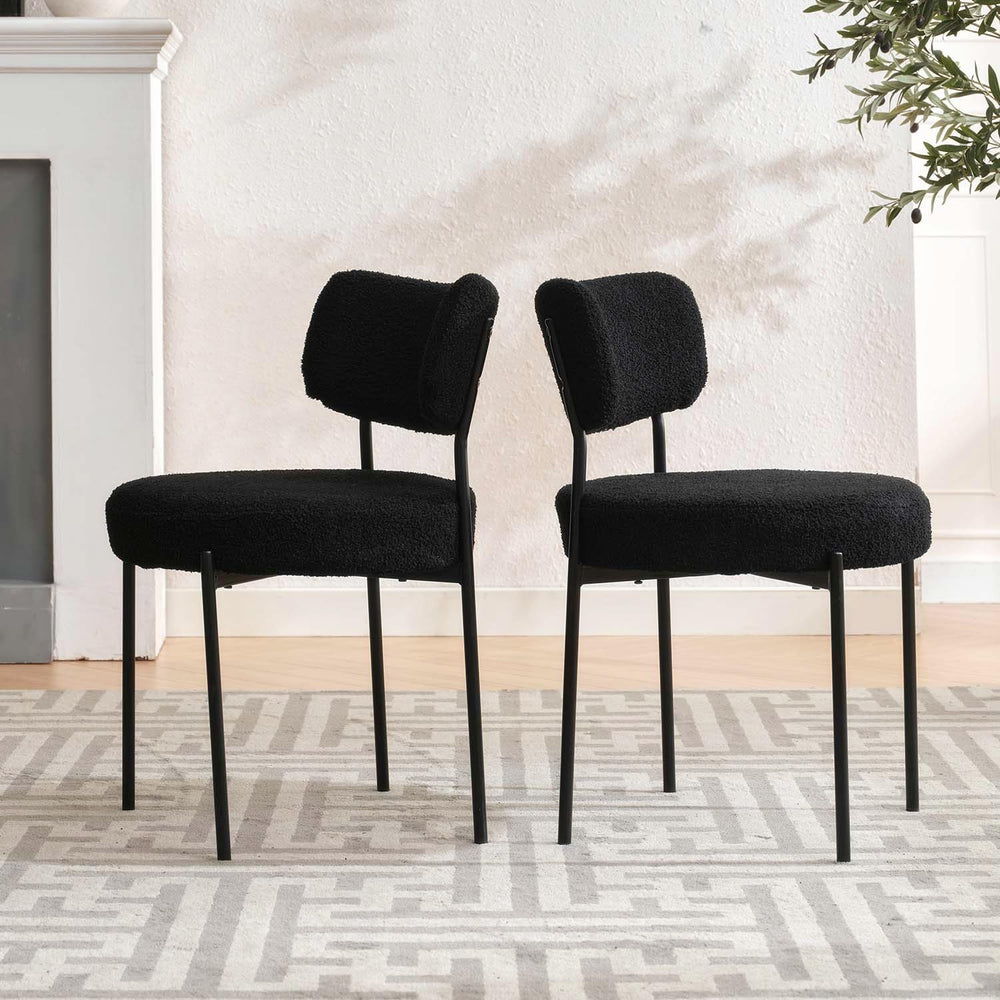 Black Boucle Dining Chairs Set of 2, Mid Century Modern Dining Room Chair wit...