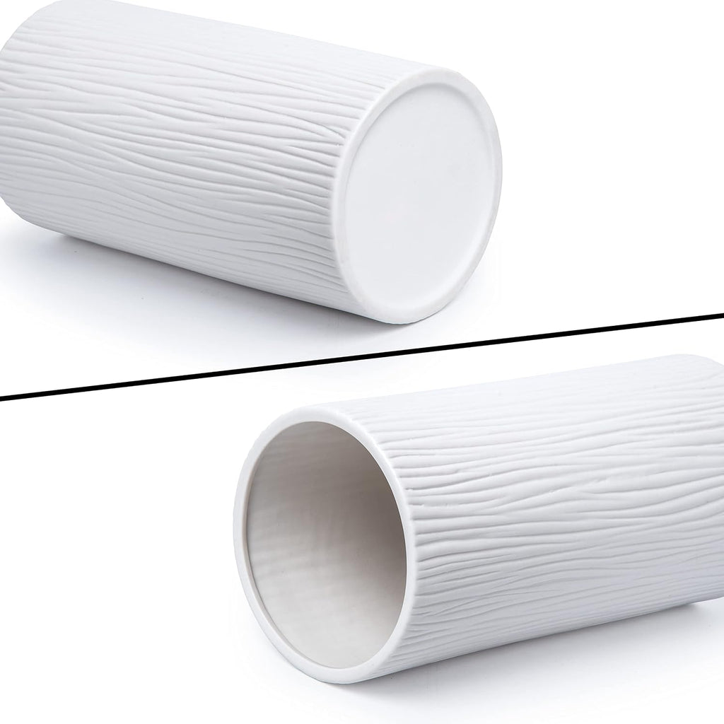 D'vine Dev 10 Inch Cylinder Vase, White Waterfall Textured Ceramic Flower Vase for Home Décor, VS-WF-B-2