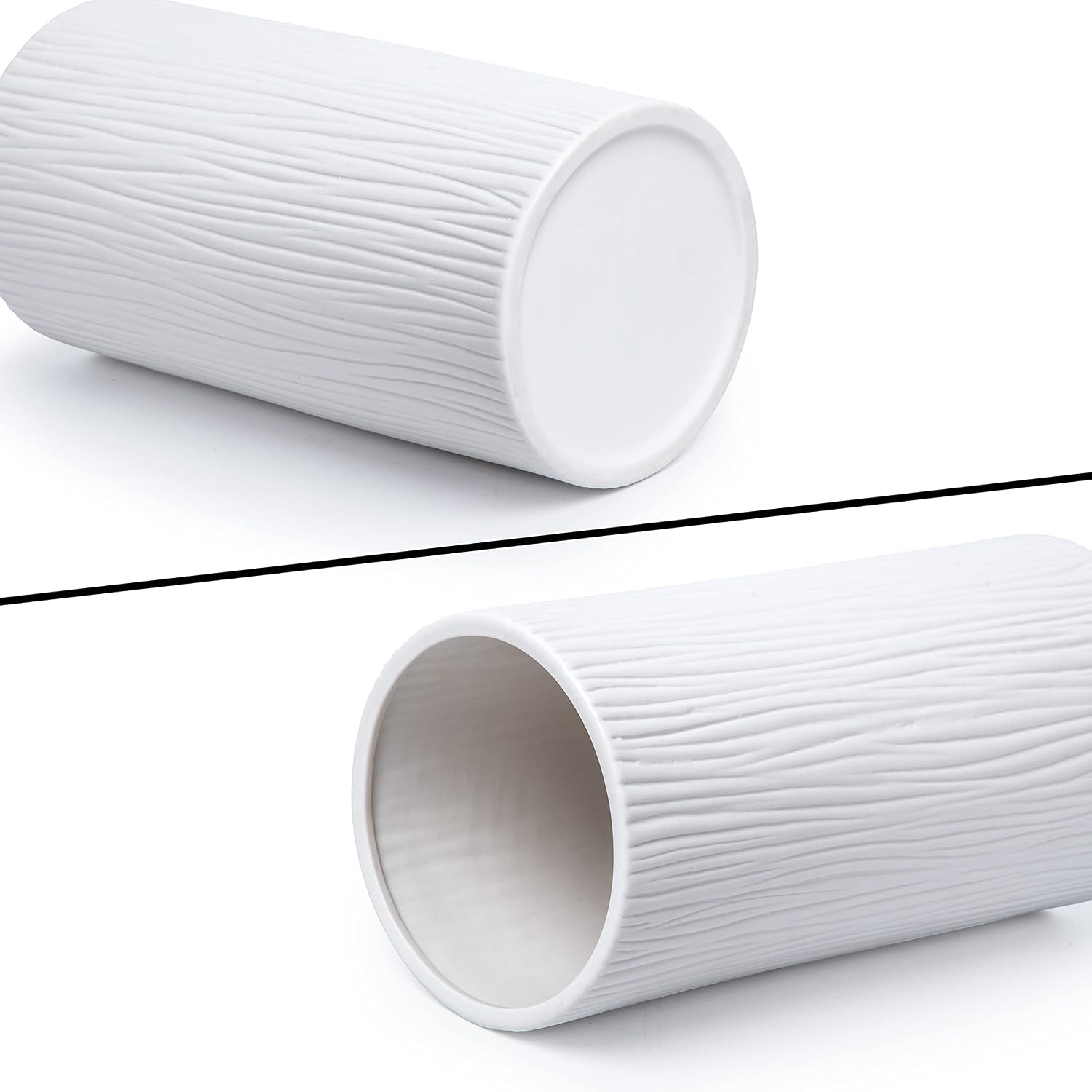 D'vine Dev 10 Inch Cylinder Vase, White Waterfall Textured Ceramic Flower Vase for Home Décor, VS-WF-B-2