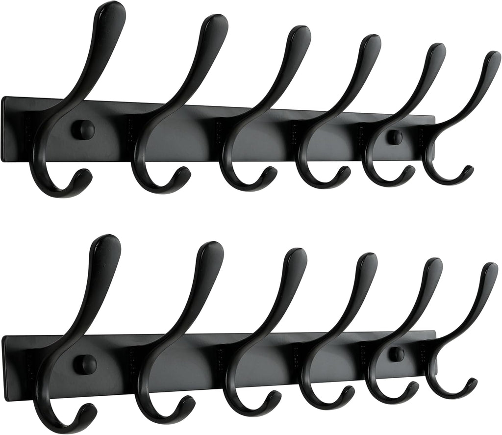 SKOLOO Heavy Duty Wall Mounted Coat Rack - 6 Hooks, Stainless Steel, Pack of 2, Sturdy Coat Hooks for Hanging Clothes, Jacket, Hat, Black