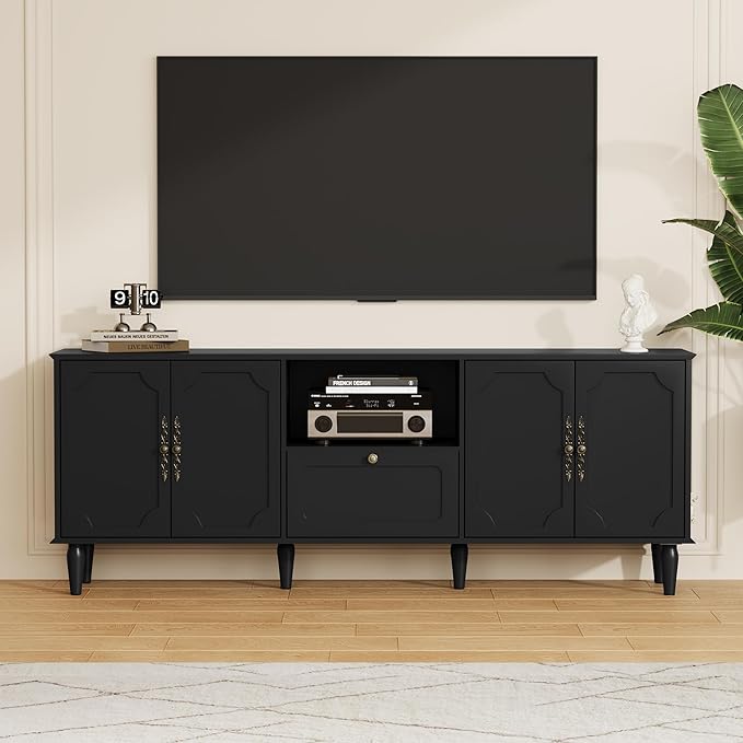 67” Mid-Century Modern TV Stand for 75+ inch TVs, Wood Entertainment Center with Storage Drawer, Long Media Console with Adjustable Shelves, Black TV Cabinet for Living Room, Bedroom