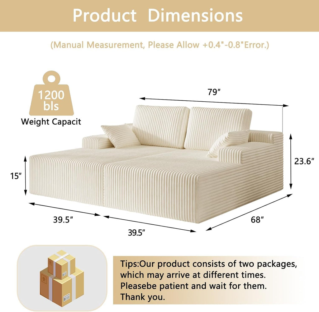 37.4" Oversized Chaise Longue Round Chair Indoor Living Room Boneless Giant Bean Bag Chair for Adults Corduroy Big Accent Sofa Floor Sofa Relax No Assembly (White, Loveseat Chaise)