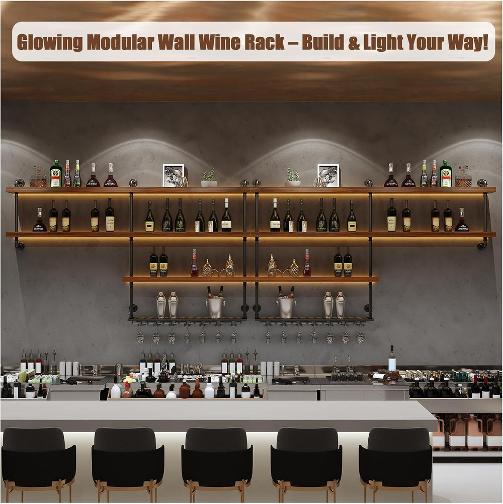 Solid Wood LED Wall Mounted Wine Rack (51.2 in/ 130CM) | 4 Tiers Liquor Bottl...