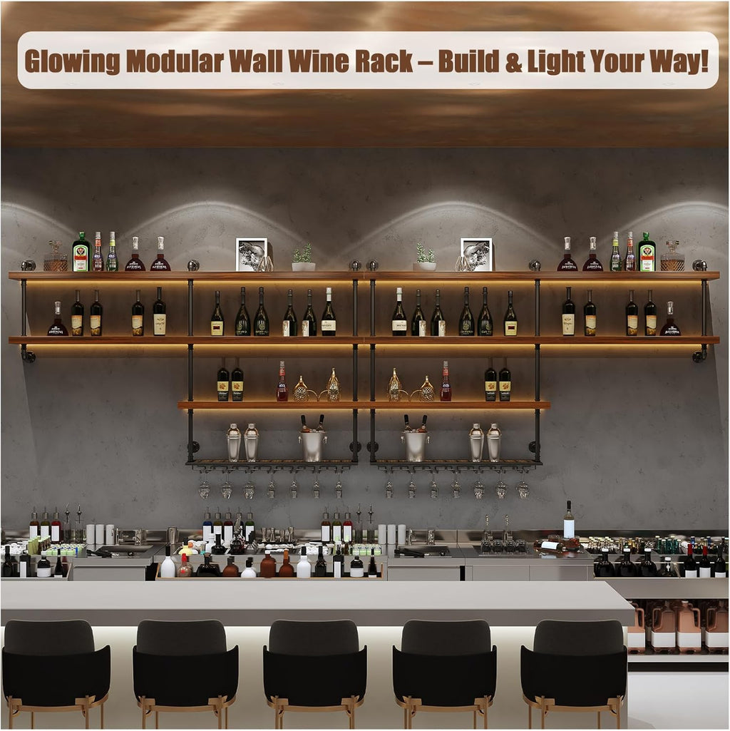 Solid Wood Wall Mounted Wine Rack, Large Wine Rack with LED Light, 4 Tiers Liquor Bottles Floating Shelves with Glass Holder, Industrial Bar Shelves for Home Bar Dining Room (78.7 IN/ 200CM)