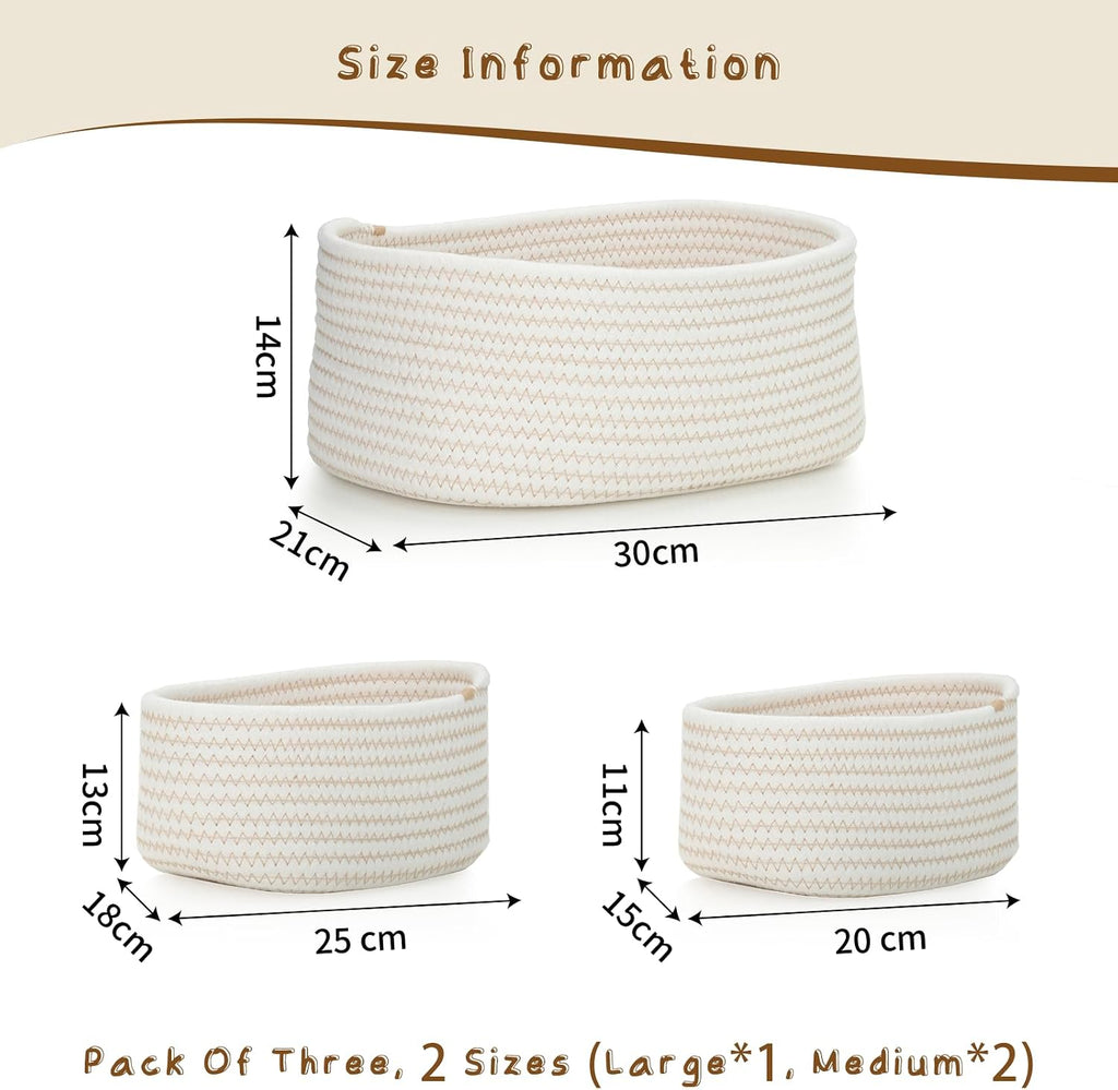 Cozary Storage Basket Set (Small Sizes) - Handmade Multifunctional Cotton Baskets, Organiser for Bathroom, Kitchen, Children's Room - Braided & Stackable, 3-Piece