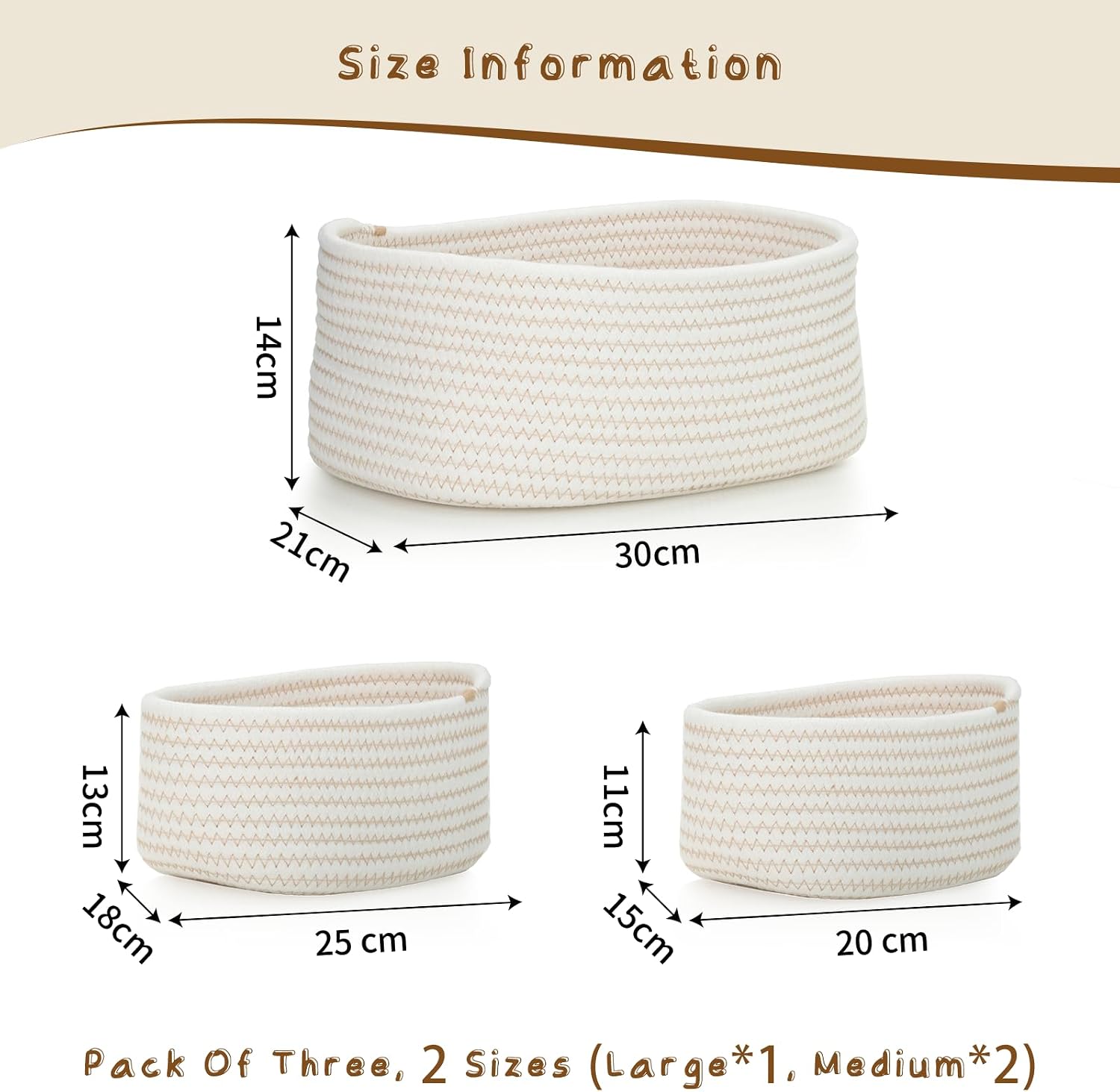 Cozary Storage Basket Set (Small Sizes) - Handmade Multifunctional Cotton Baskets, Organiser for Bathroom, Kitchen, Children's Room - Braided & Stackable, 3-Piece