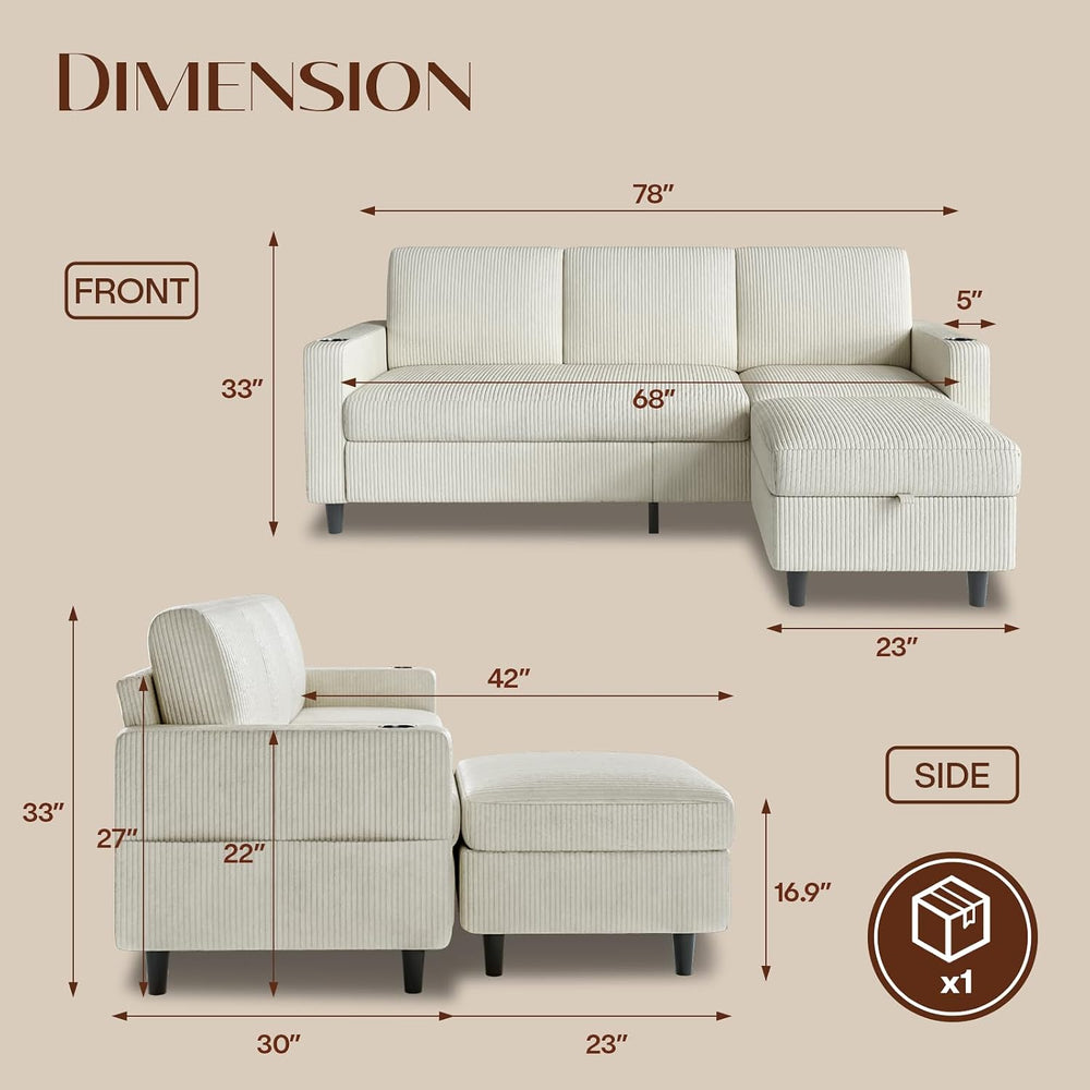 Convertible Sectional Couches for Living Room, 3 Seats L Shaped Sofa with Sto...