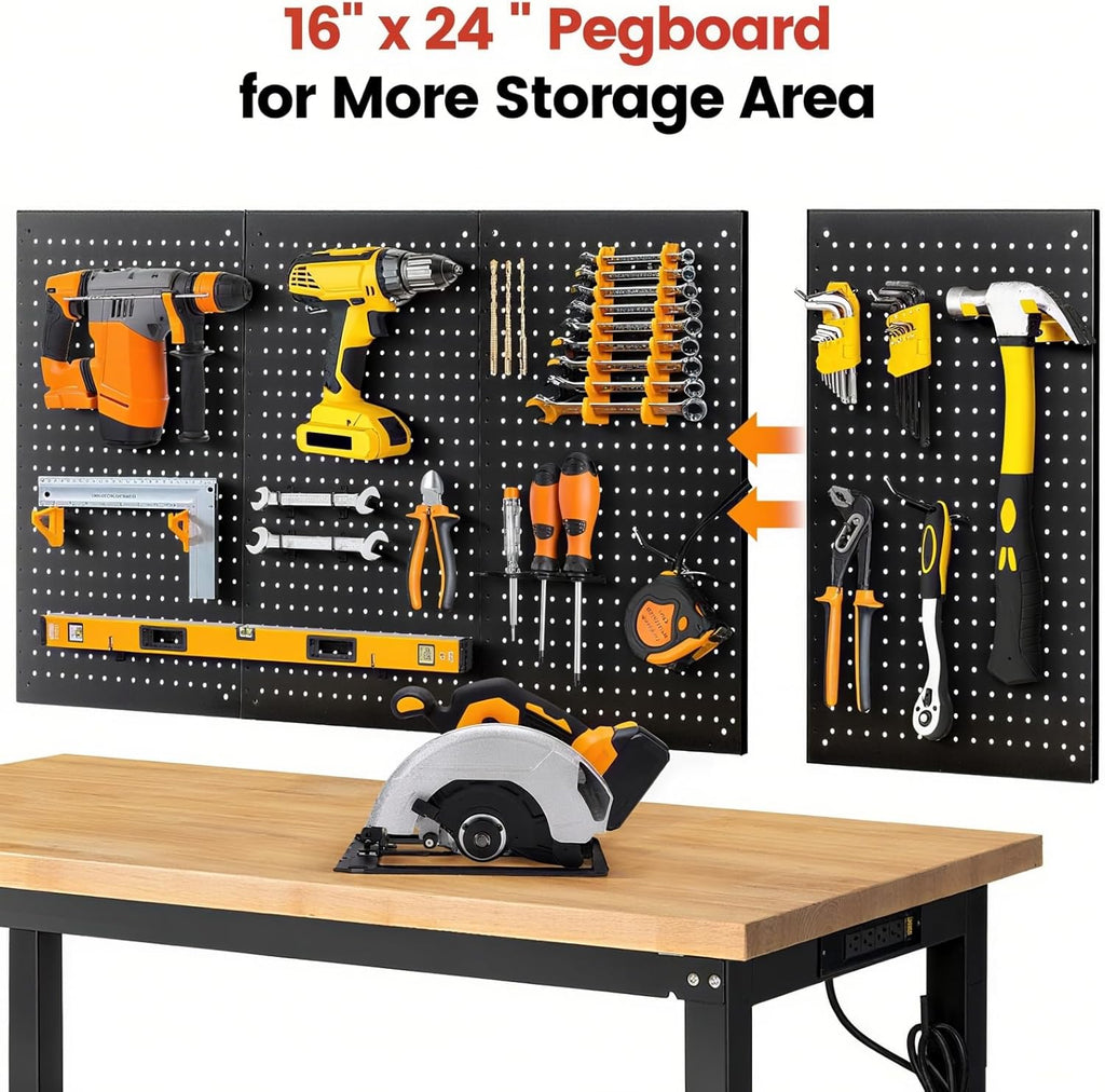 Work Table for Garage 60 x 22 Inch Adjustable Height Workbench Heavy Duty Rubberwood Tabletop Work Bench with Power Outlets Pegboard Pad for Woodworking Shop, Home, Office