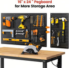 Work Table for Garage 60 x 22 Inch Adjustable Height Workbench Heavy Duty Rubberwood Tabletop Work Bench with Power Outlets Pegboard Pad for Woodworking Shop, Home, Office