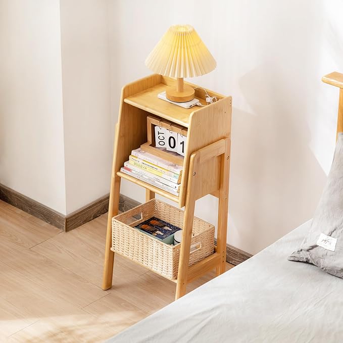 Welnow Bamboo Bookcase with Cabinet, Natural End Table with 1-Tier Storage Sh...