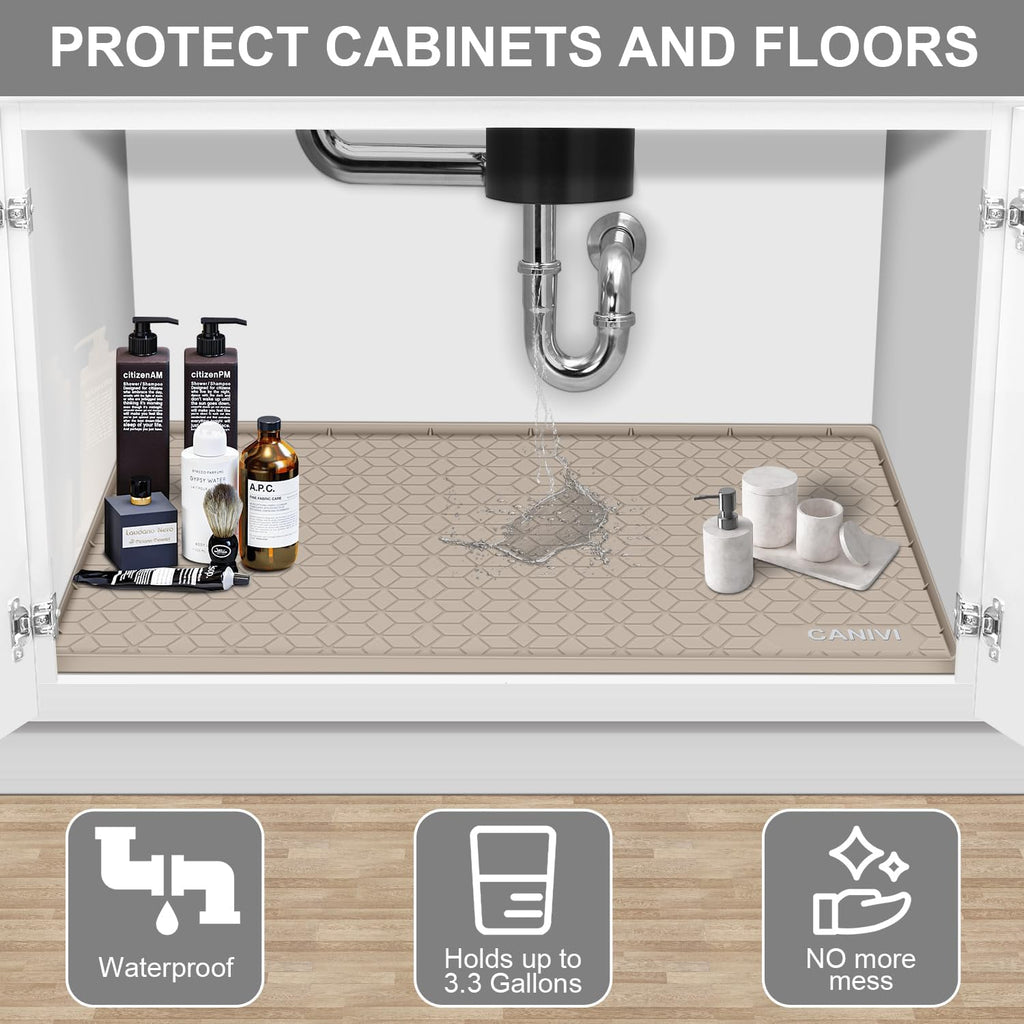 Under Sink Mat, 34" x 22" Waterproof Silicone Under Sink Tray for Kitchen & Laundry Cabinets, Kitchen Cabinet Shelf Protector, Up to 3.3 Gallons Liquid, Fits 36 inch Standard Cabinet(Grey)