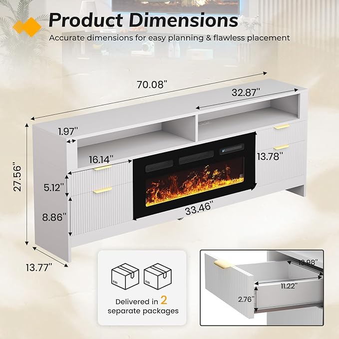 70” Fireplace TV Stand with 36” Electric Fireplace, Electric Fireplace TV Stand for Living Room with LED Lights, Modern TV Console Cabinet & Media Entertainment Center with Fireplace (White)