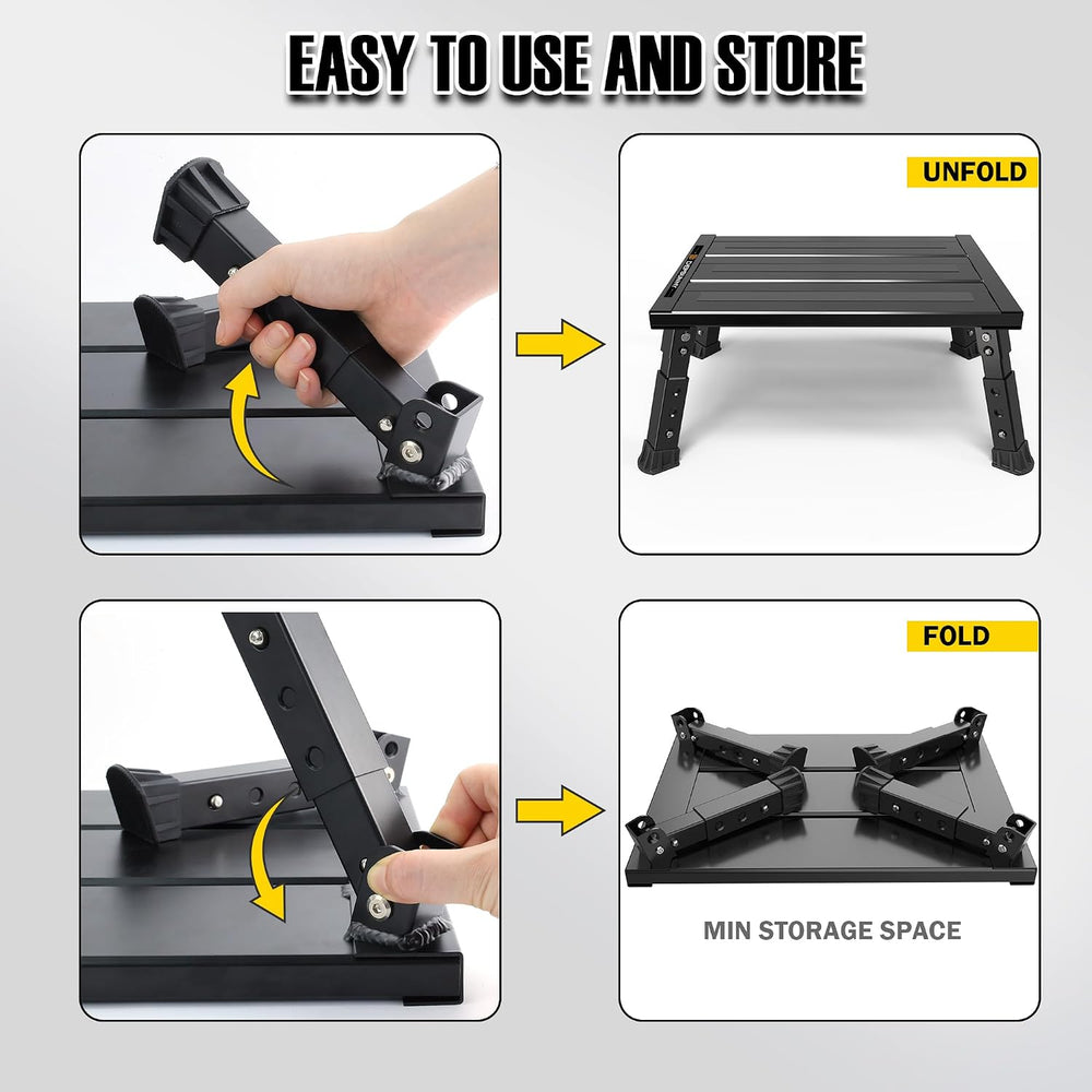 Adjustable RV Step Stool, Wide Platform, Foldable Legs, Black