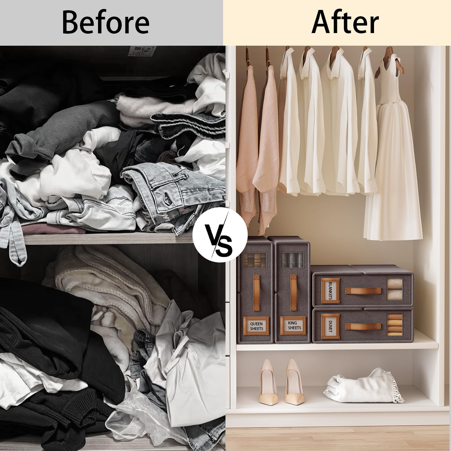 Bed Sheet Organizers and Storage (6 Pack, Queen & King Size) – Foldable Linen Closet Organizers with Window & Label, Zipper Bedding Storage Box for Sheets, Duvet Covers, Pillow Cases – Beige